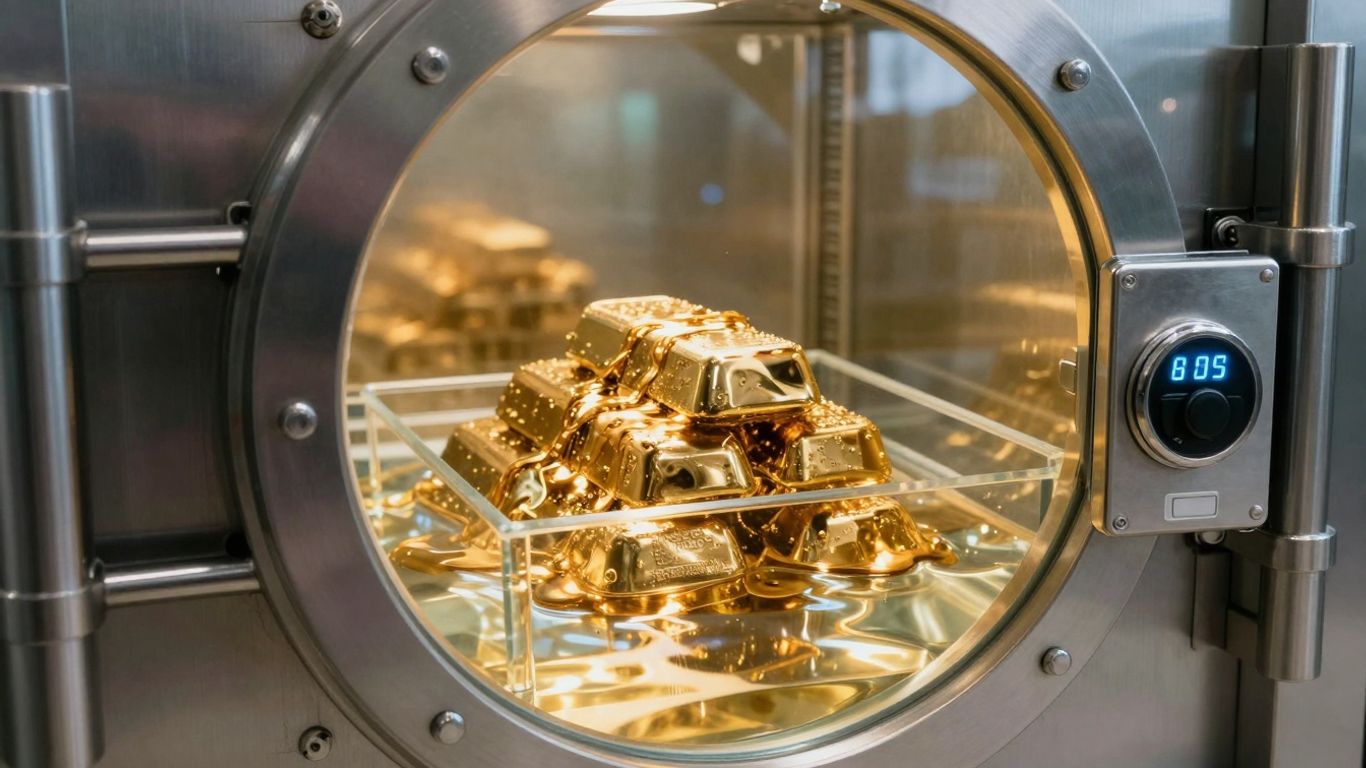 Secure vault with glowing lock and liquid gold.