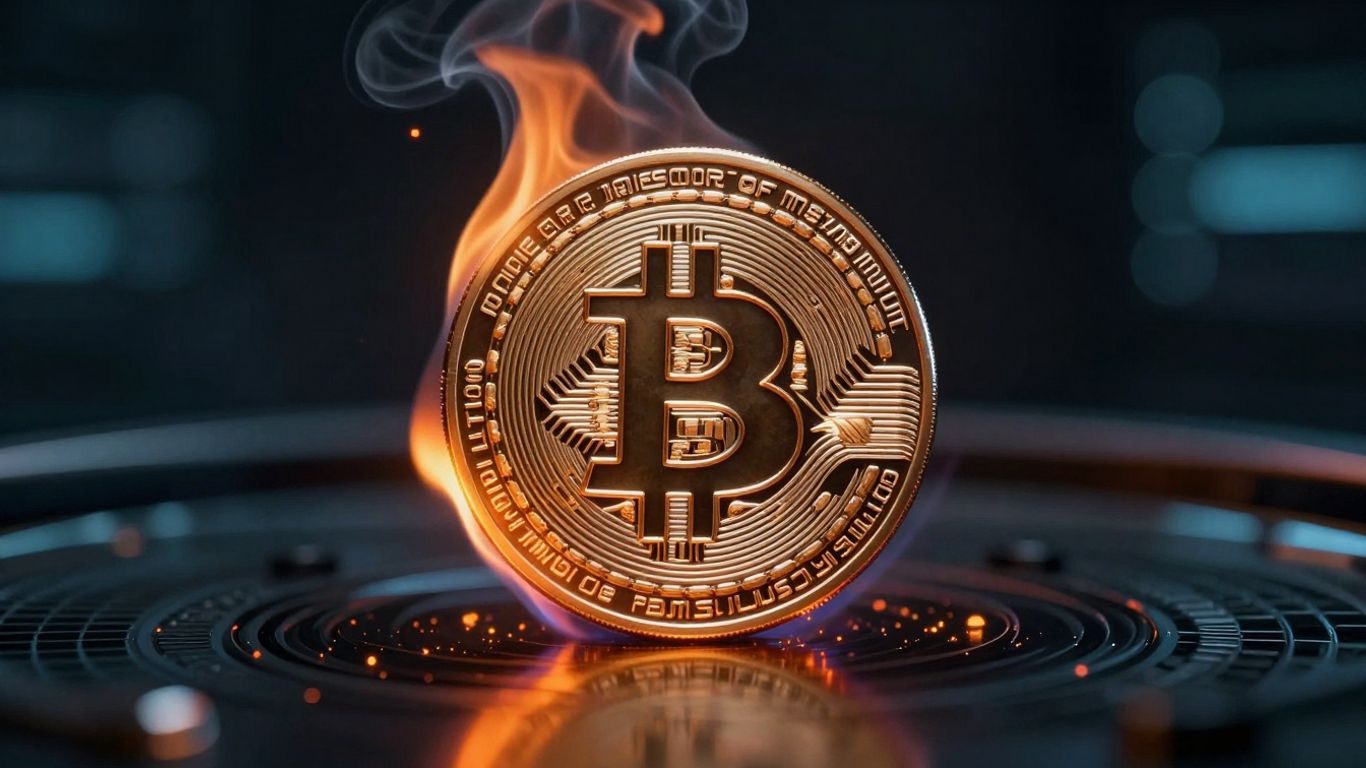 Digital flame burning a cryptocurrency token in a secure pool.