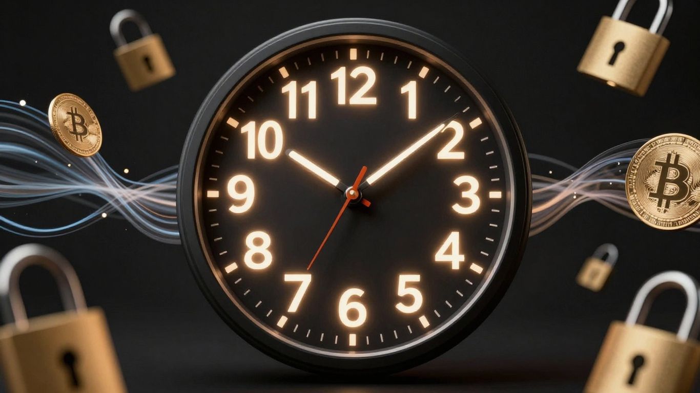 Digital clock with secure locks and cryptocurrency tokens.