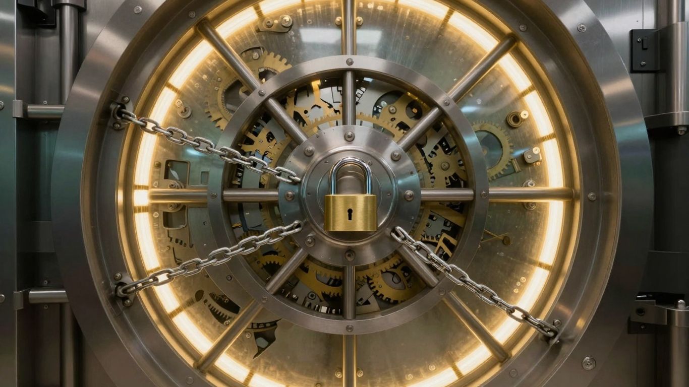 Digital vault with glowing locks and clockwork mechanisms.