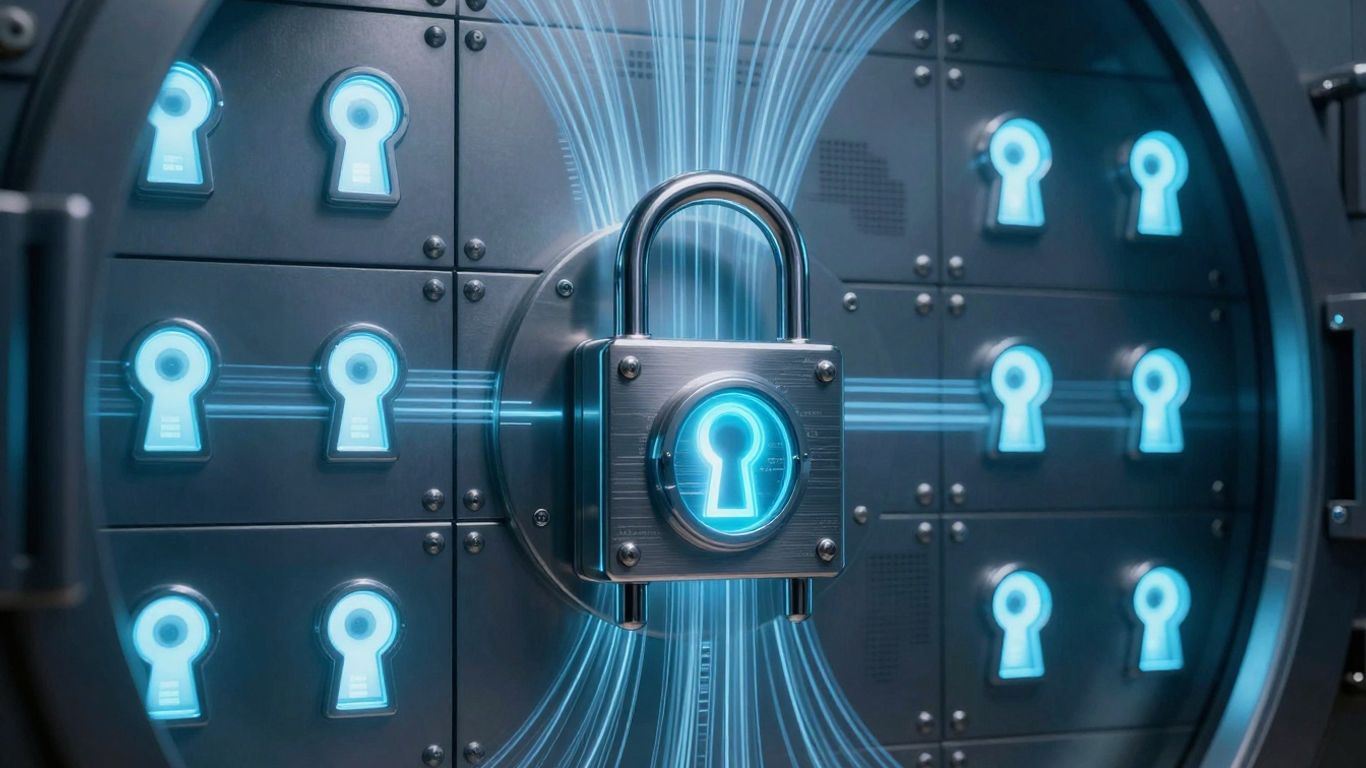 Digital vault with multiple keyholes and glowing lock.