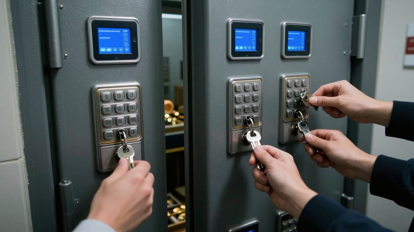 Vault with multiple keypads and hands inserting digital keys.