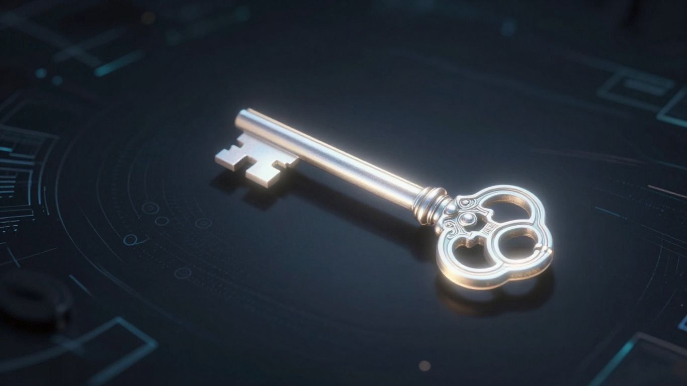 Glowing admin key in a dark digital landscape