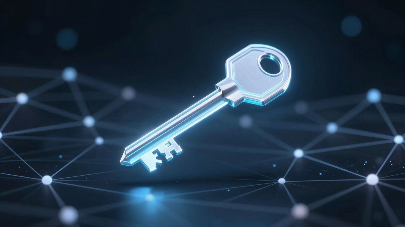 Digital key glowing above abstract network