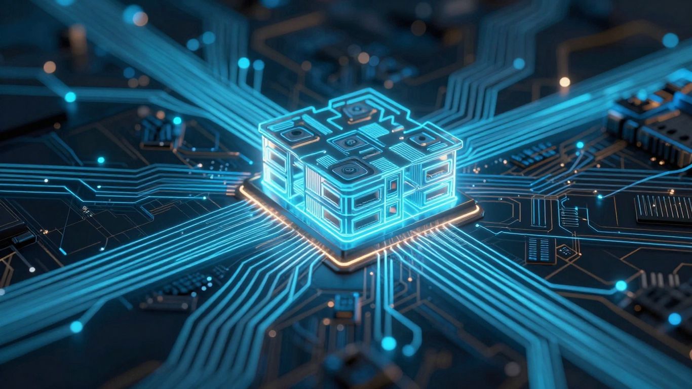 Digital circuits with glowing storage slots.