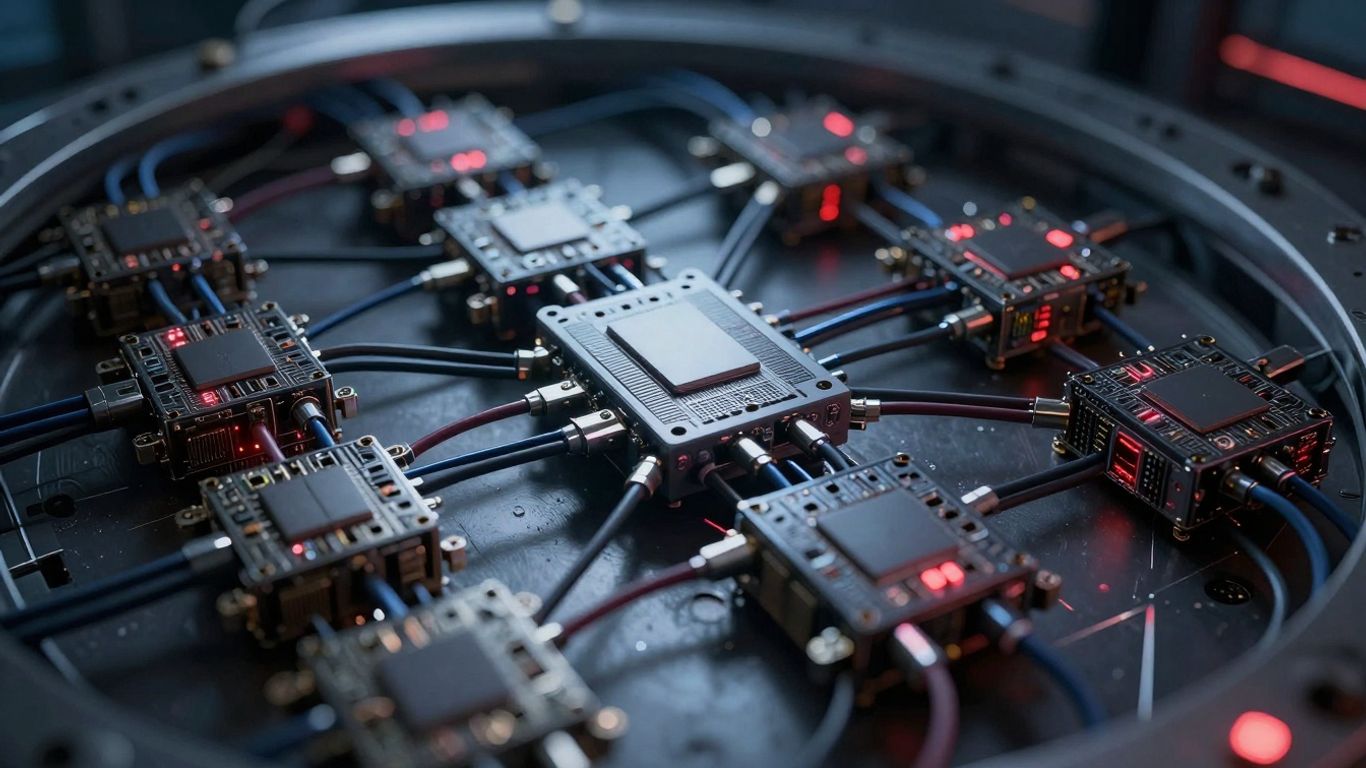 Digital modules with red glow inside a secure vault.