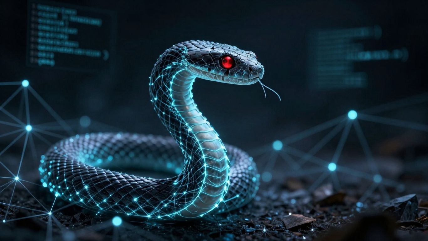 Digital serpent attacking a decentralized network.