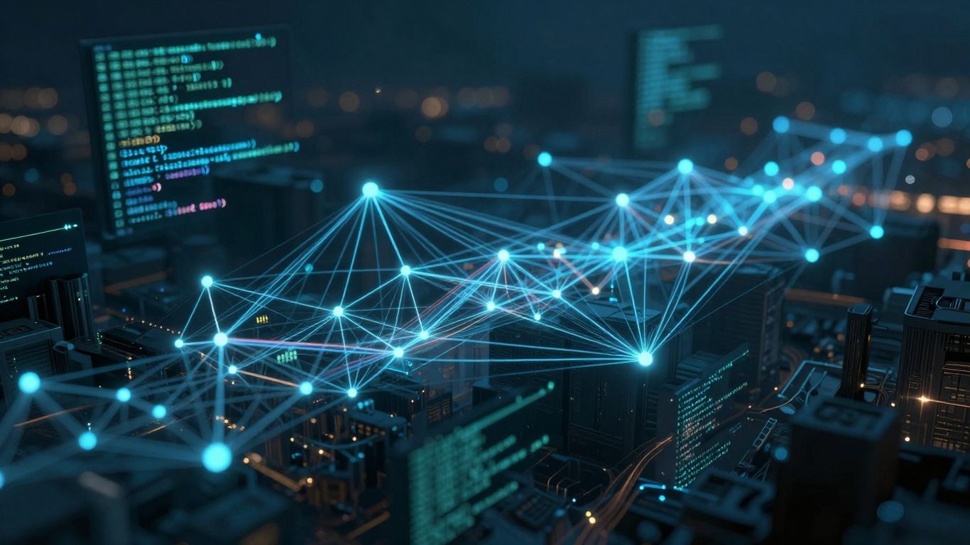 Digital landscape with interconnected nodes and data streams.