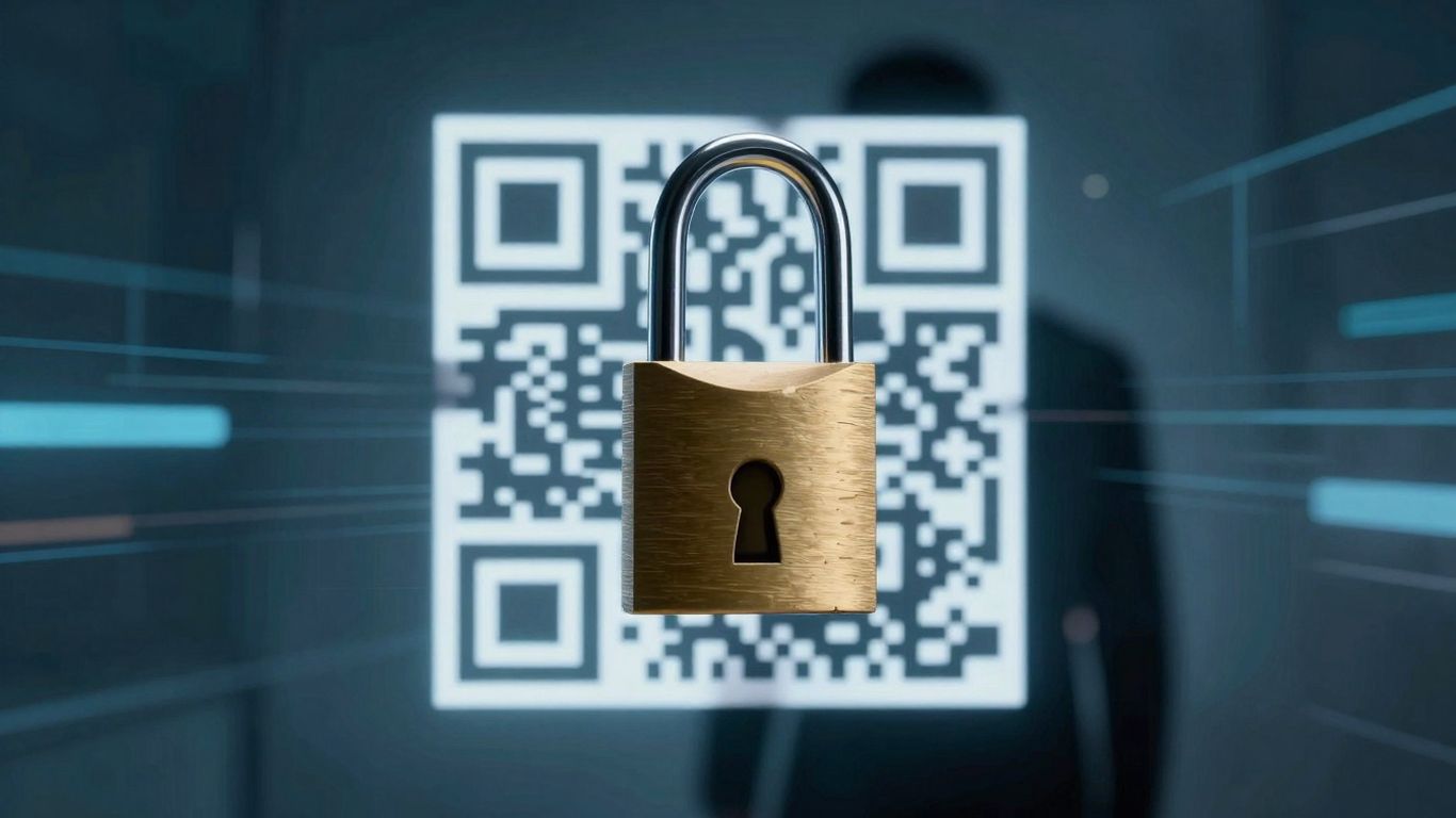 Digital padlock dissolving into a QR code, shadowy figure.