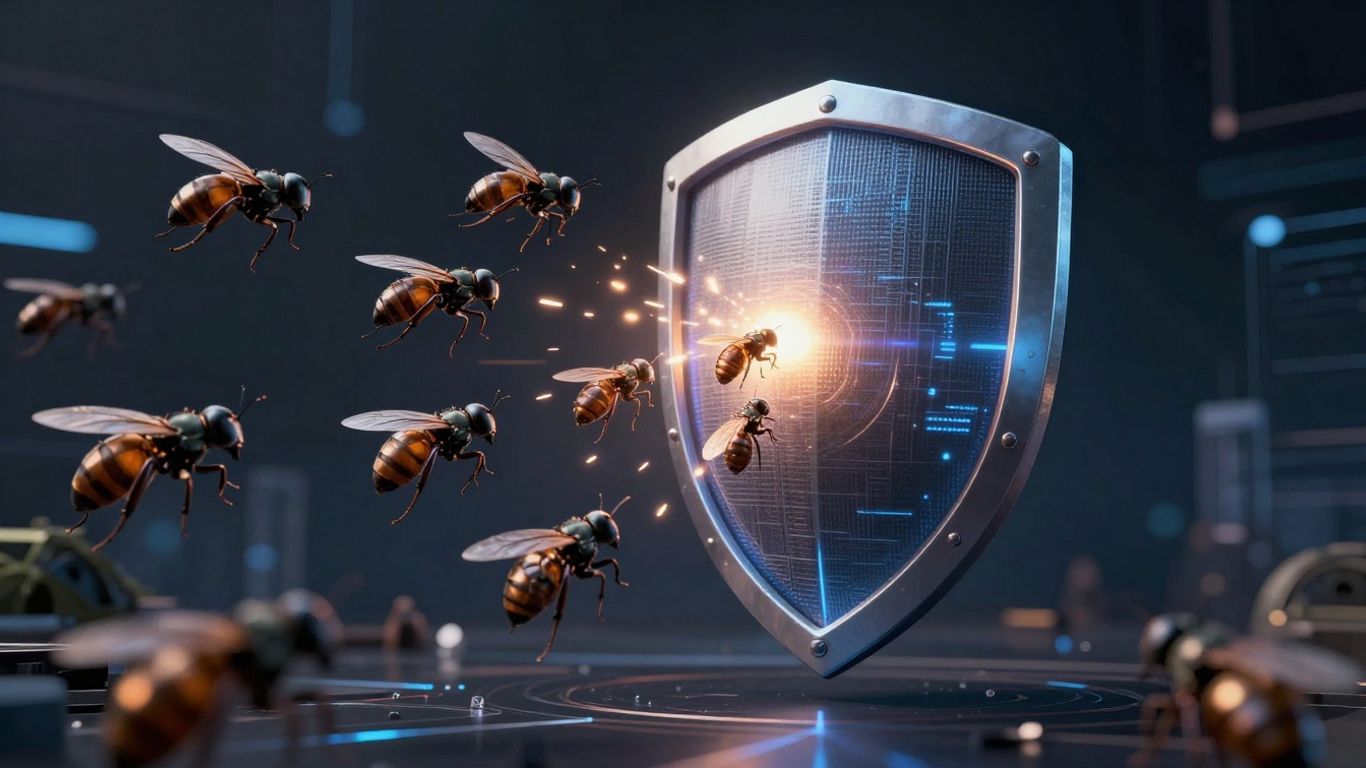 Digital shield blocking robotic insects from a network.