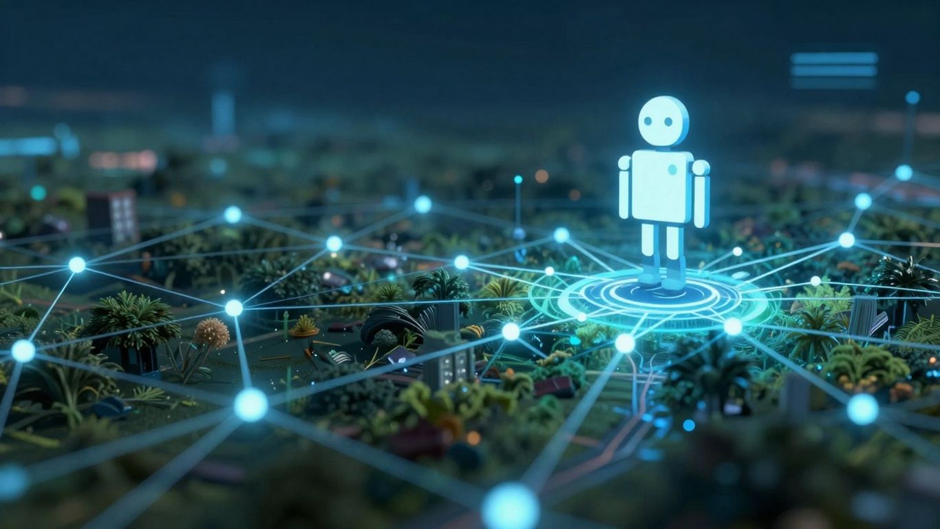 Digital network with robot icon analyzing illicit financial flows.