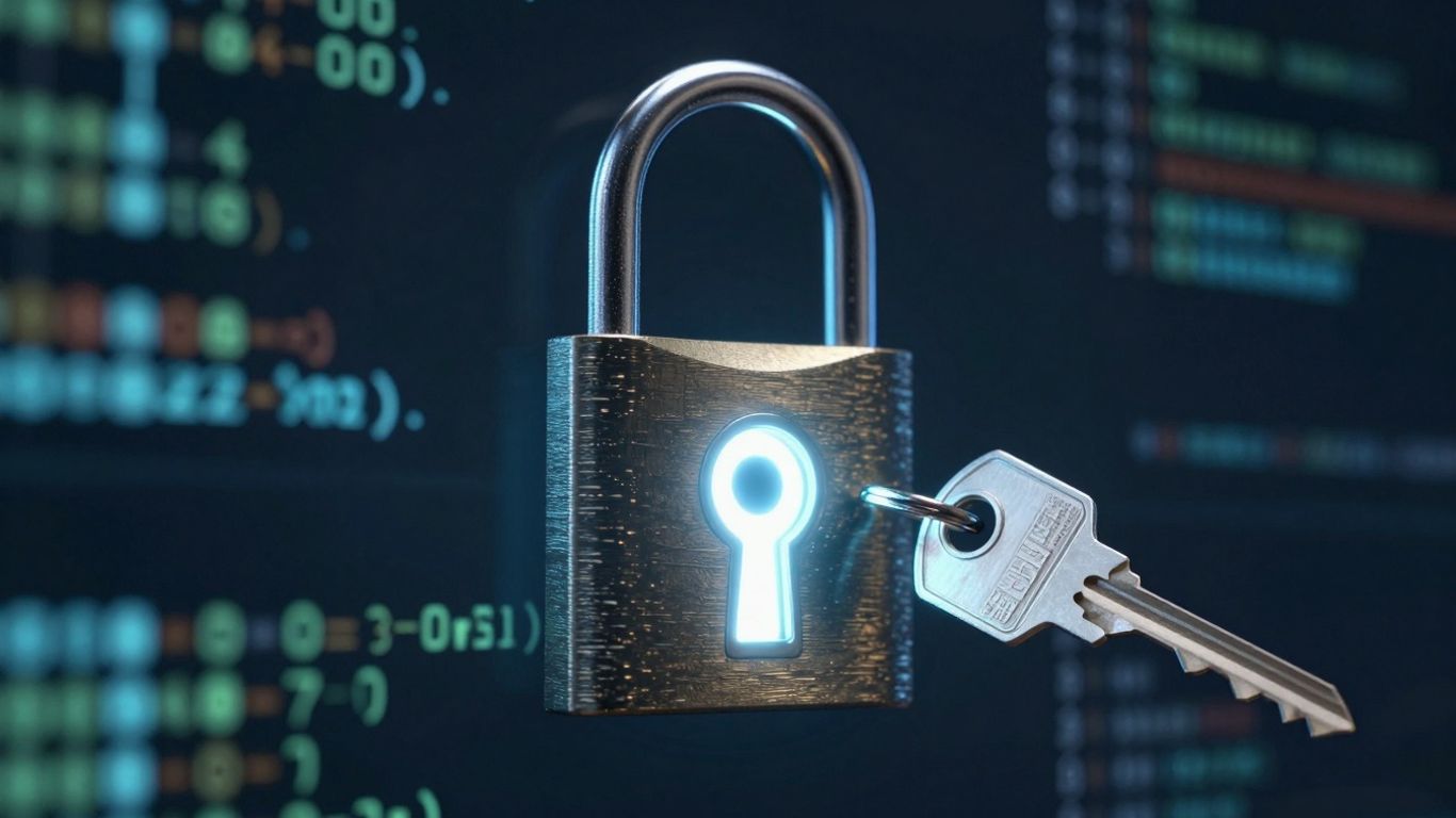 Digital lock and glowing key, abstract code streams.