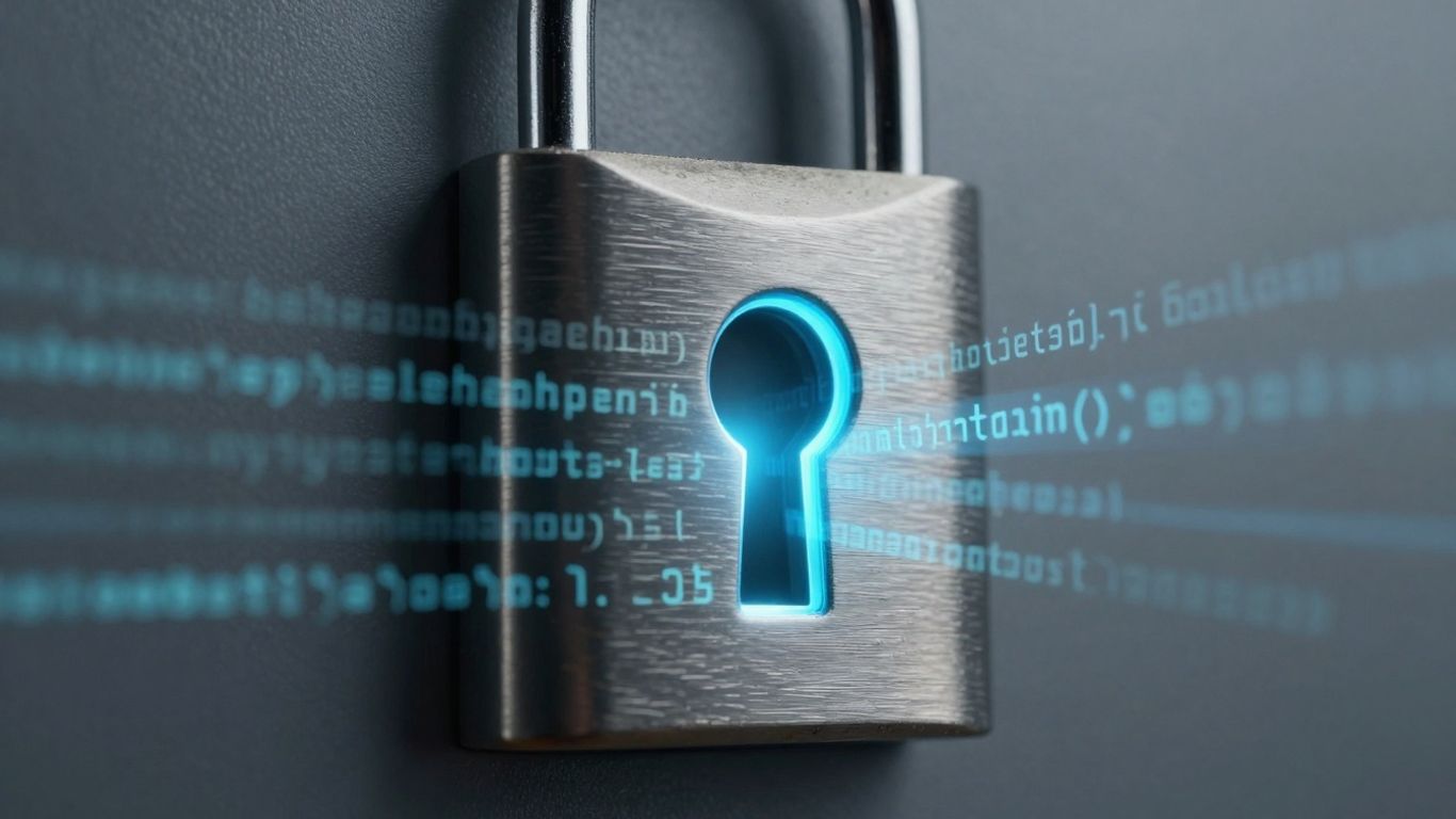 Digital lock with code snippets, keyhole glowing.