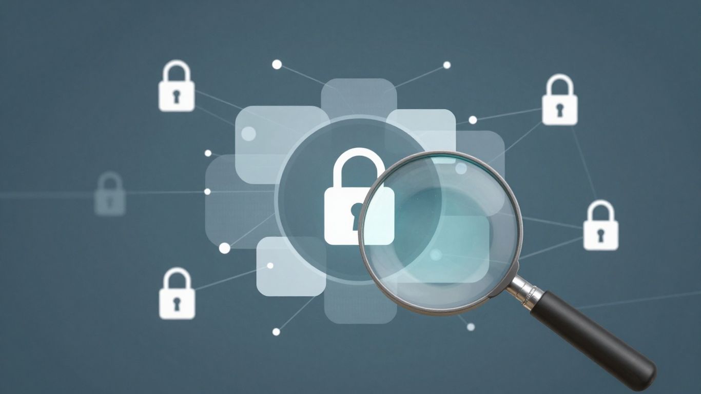 Digital data bundle with security lock and magnifying glass.