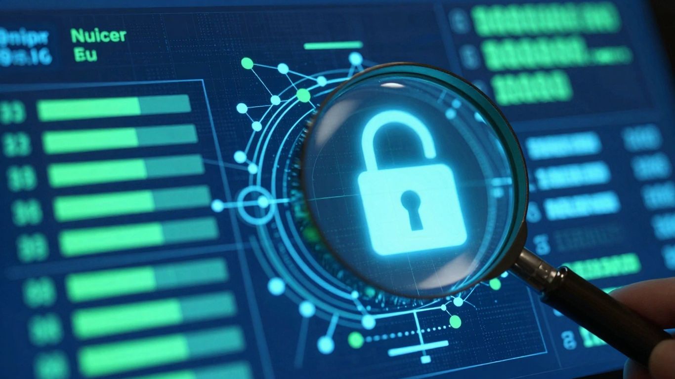 Digital dashboard with data points and a magnifying glass.