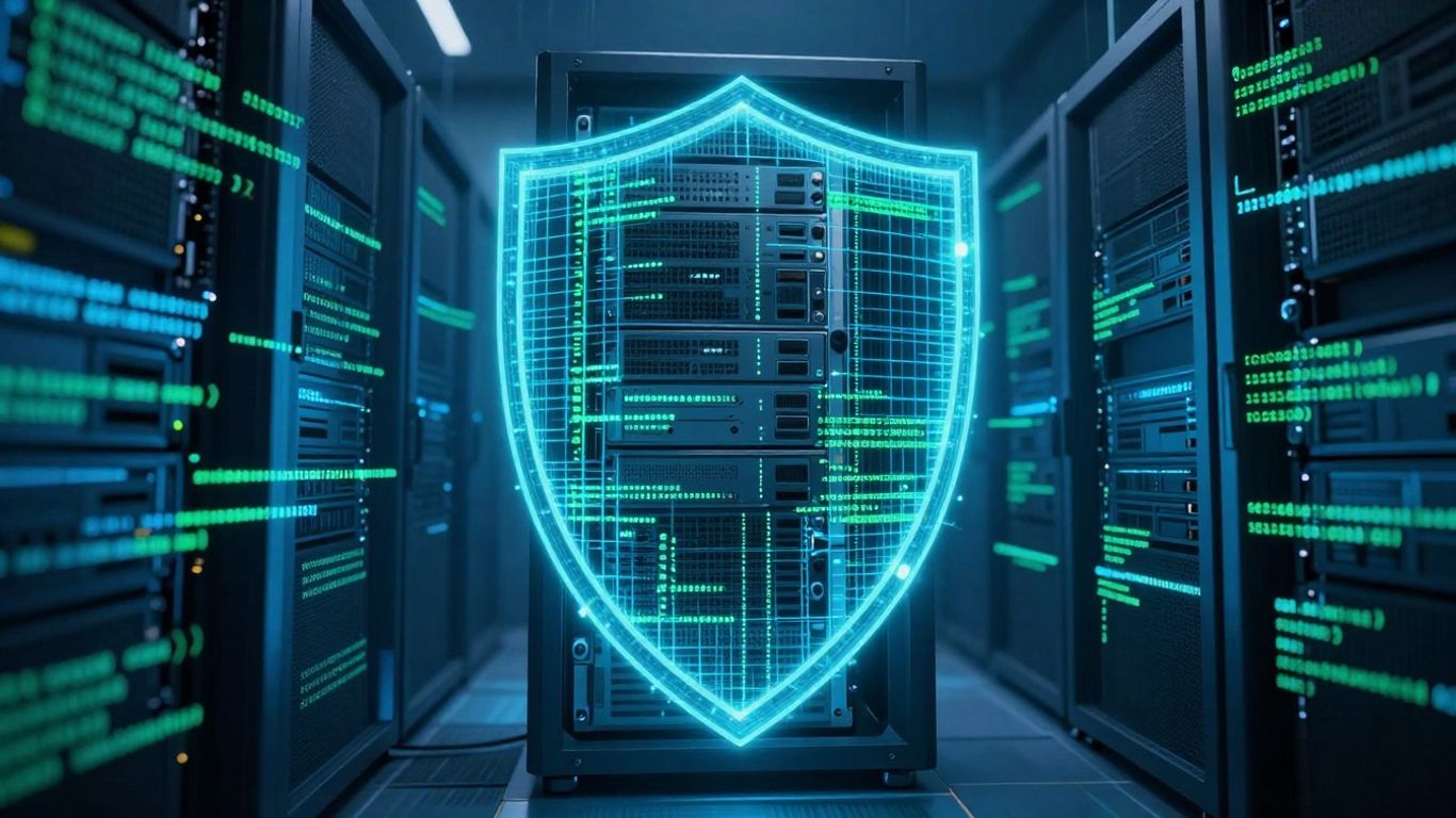 Secure network shield protecting a server with glowing code.