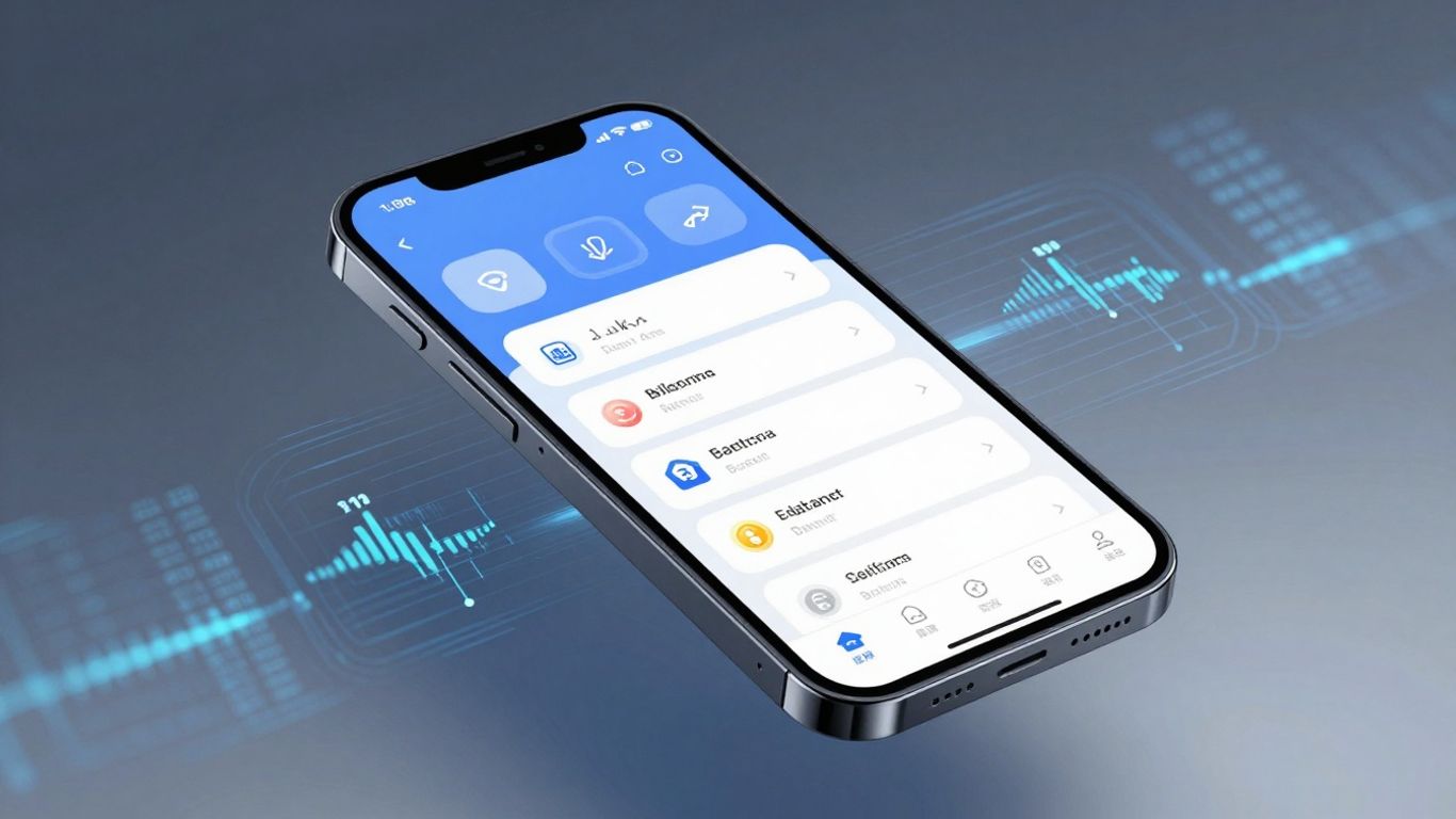 Digital wallet with financial icons and data streams.