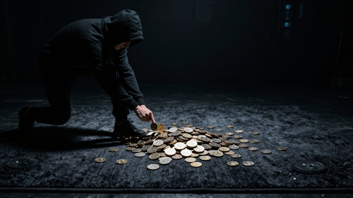 Digital coins falling as a rug is pulled away.