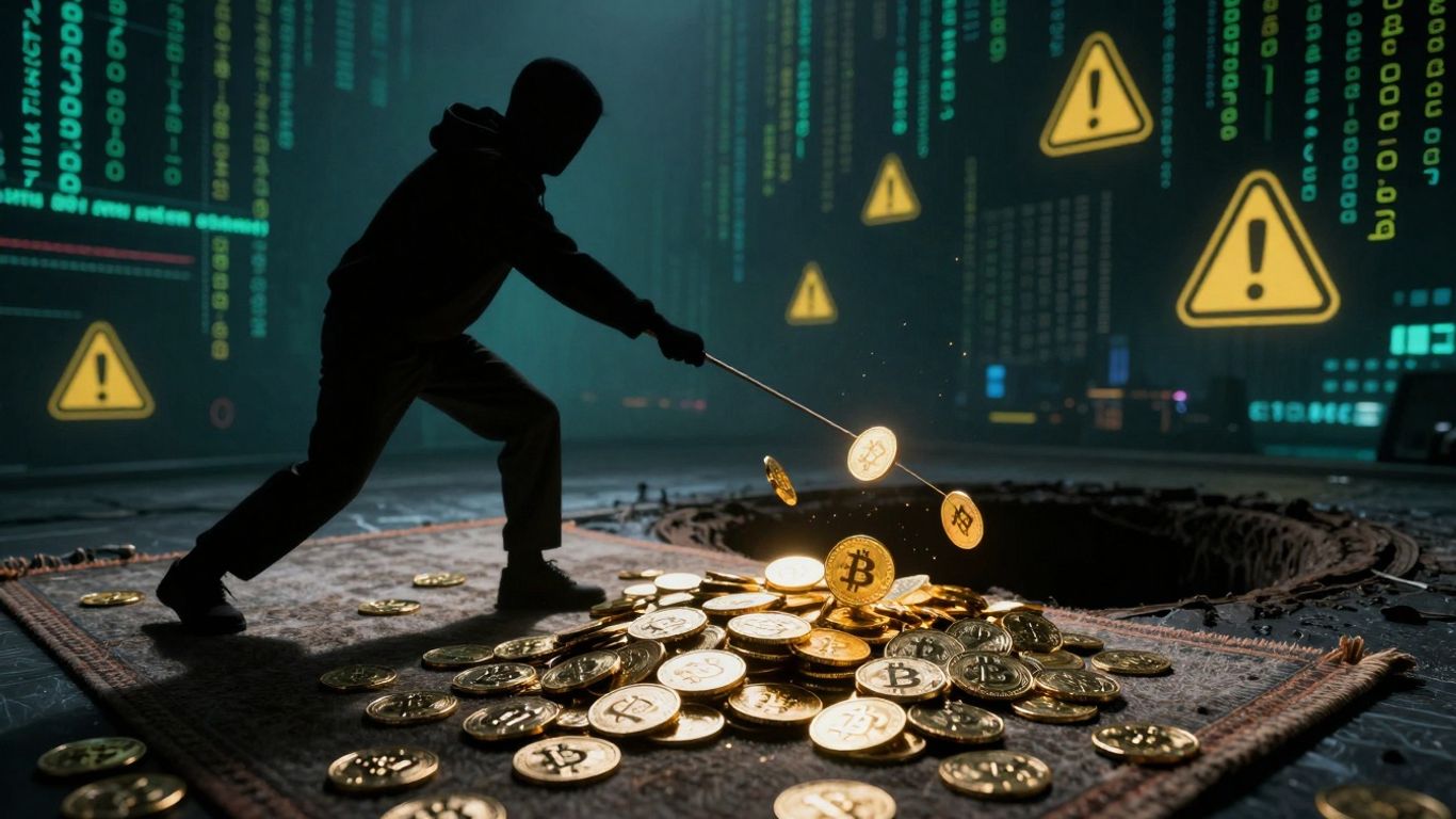 Crypto coins falling as a rug is pulled away.