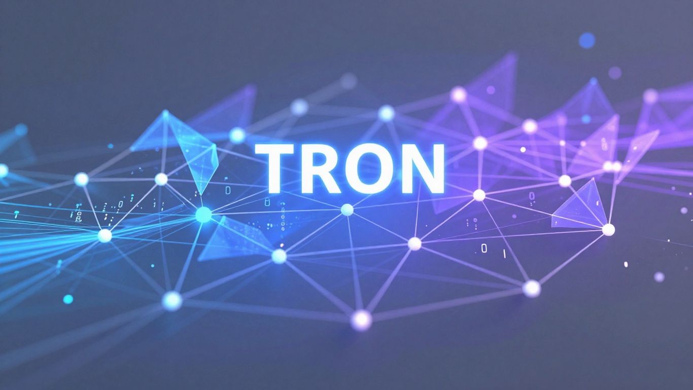 TRON blockchain network visualization with glowing nodes and data streams.