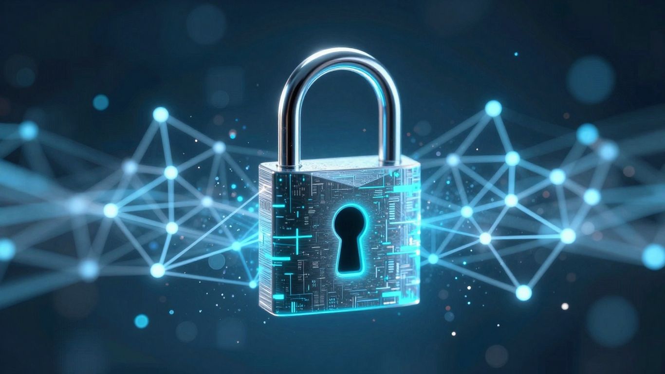 Digital lock on blockchain network, Web3 security concept.