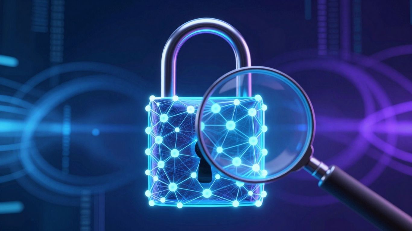 Web3 platform security with digital lock and magnifying glass.