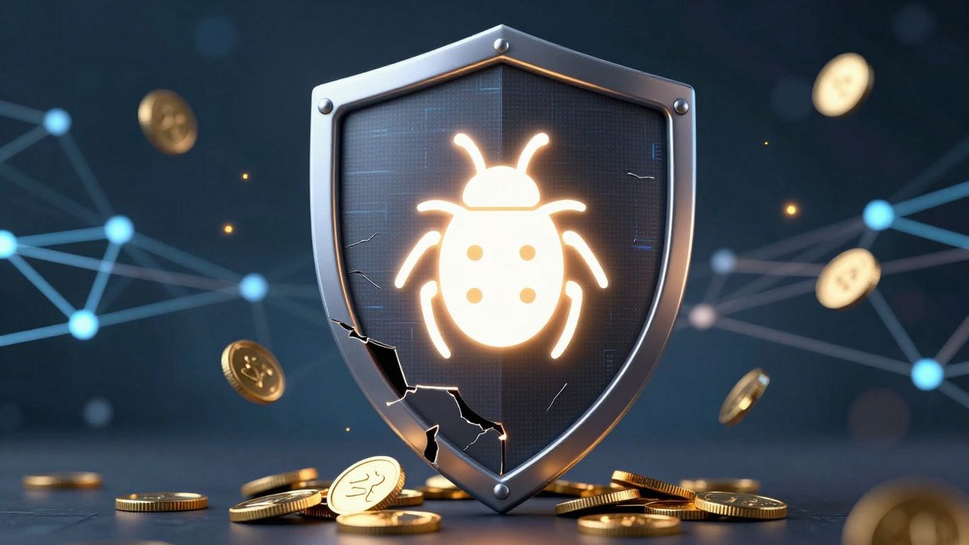 Digital shield with bug icon and spilling gold coins.