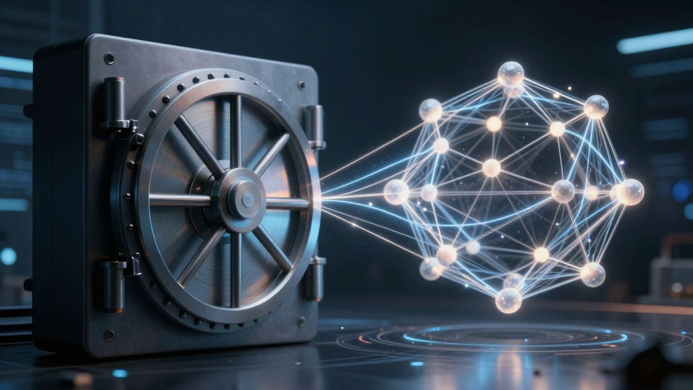 Interconnected digital vault and network node symbolizing security.