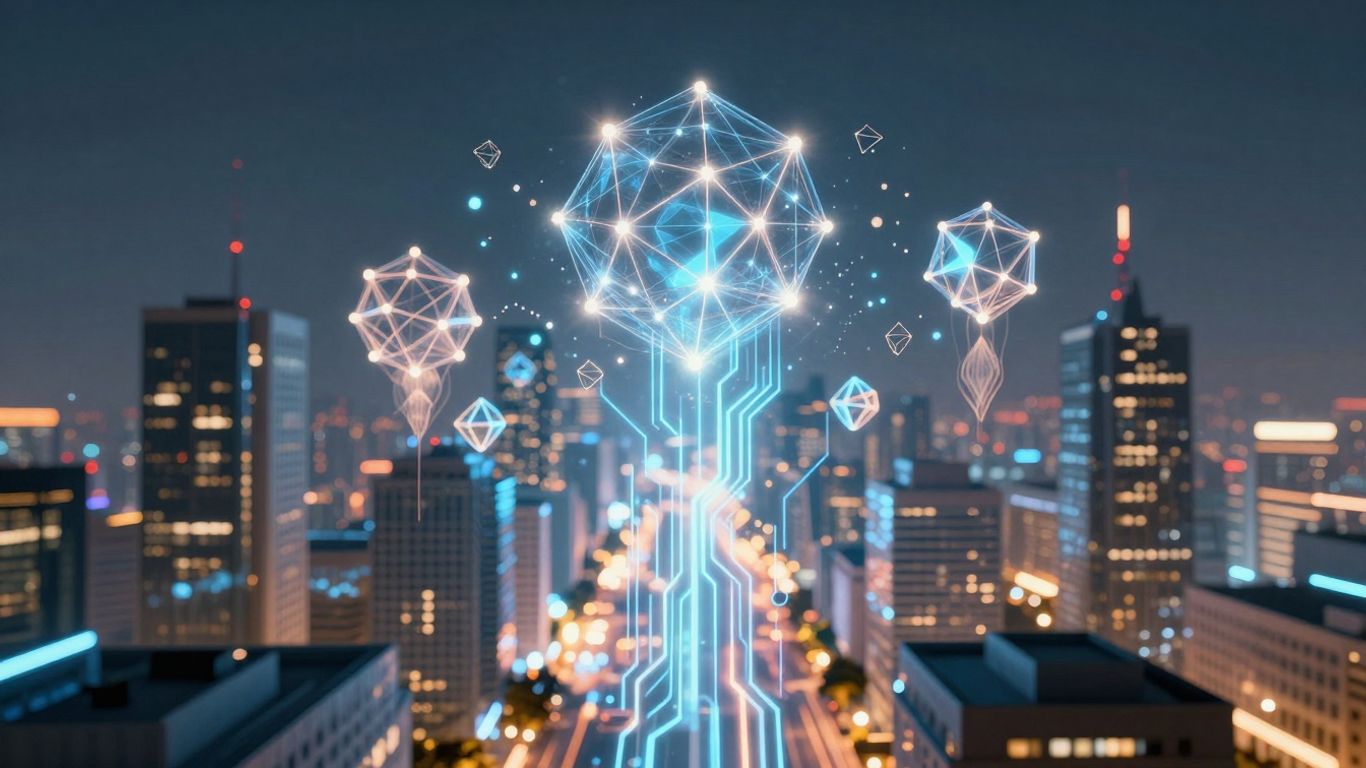 Futuristic cityscape with glowing digital circuits and blockchain nodes.