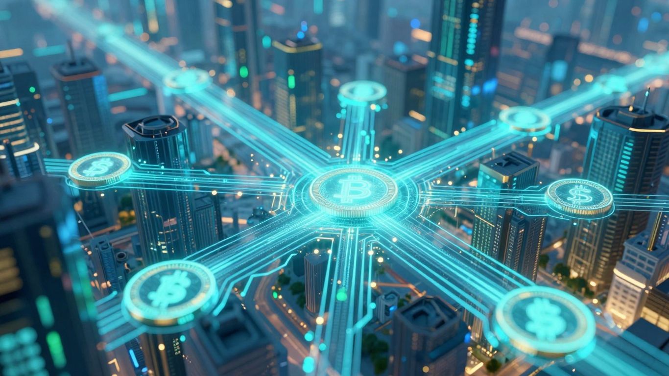 Futuristic cityscape with glowing digital pathways and coin symbols.