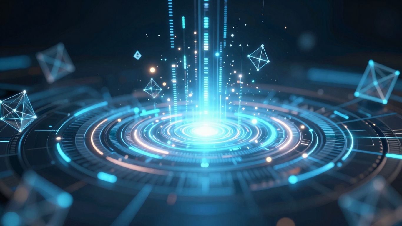 Veritas Explorer interface with glowing data streams and network connections.