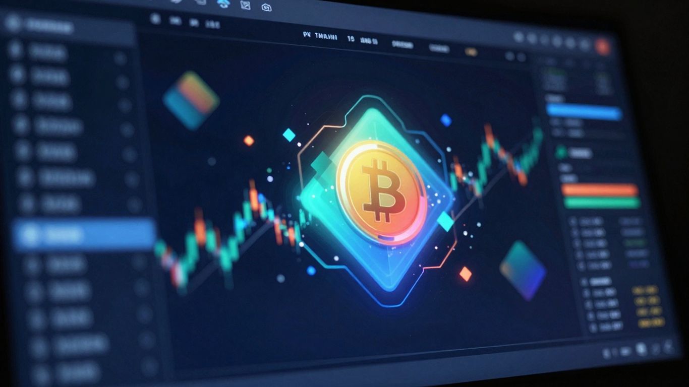 Advanced crypto trading interface with abstract digital elements.