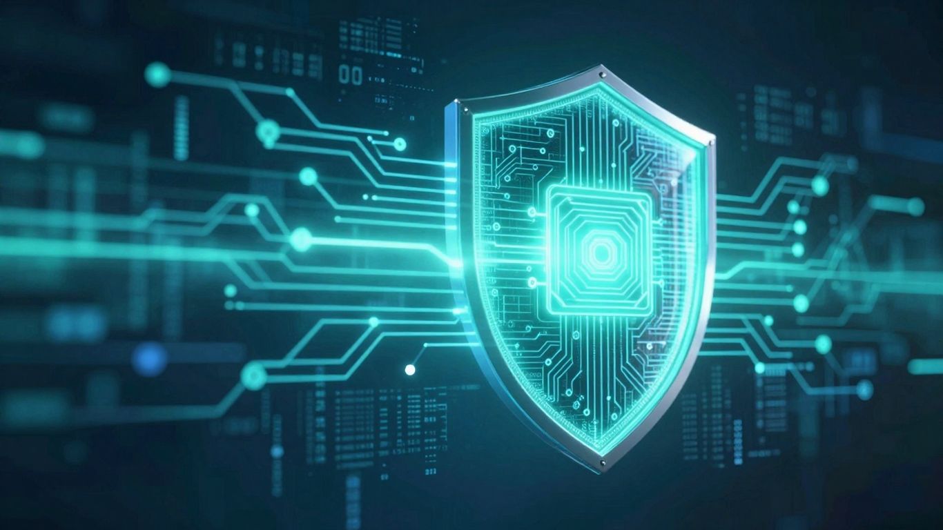 AI protecting against digital threats with a glowing shield.