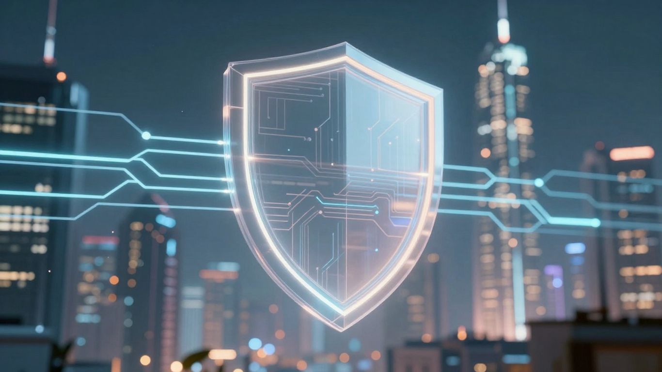 Futuristic cityscape with digital circuits and a glowing shield.