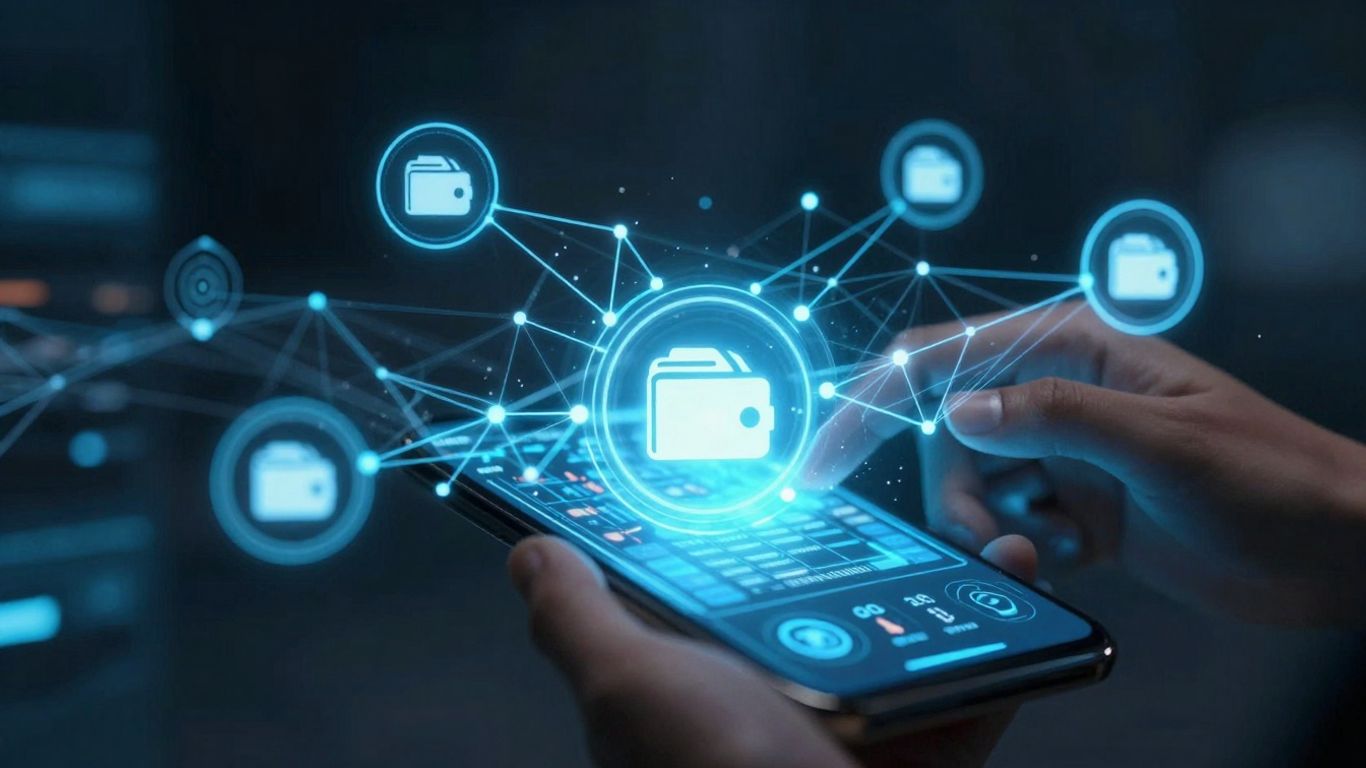Digital wallet with network connections and data streams.