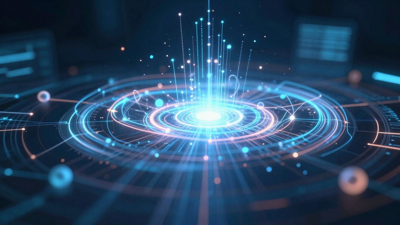 Digital interface with data streams and network connections.