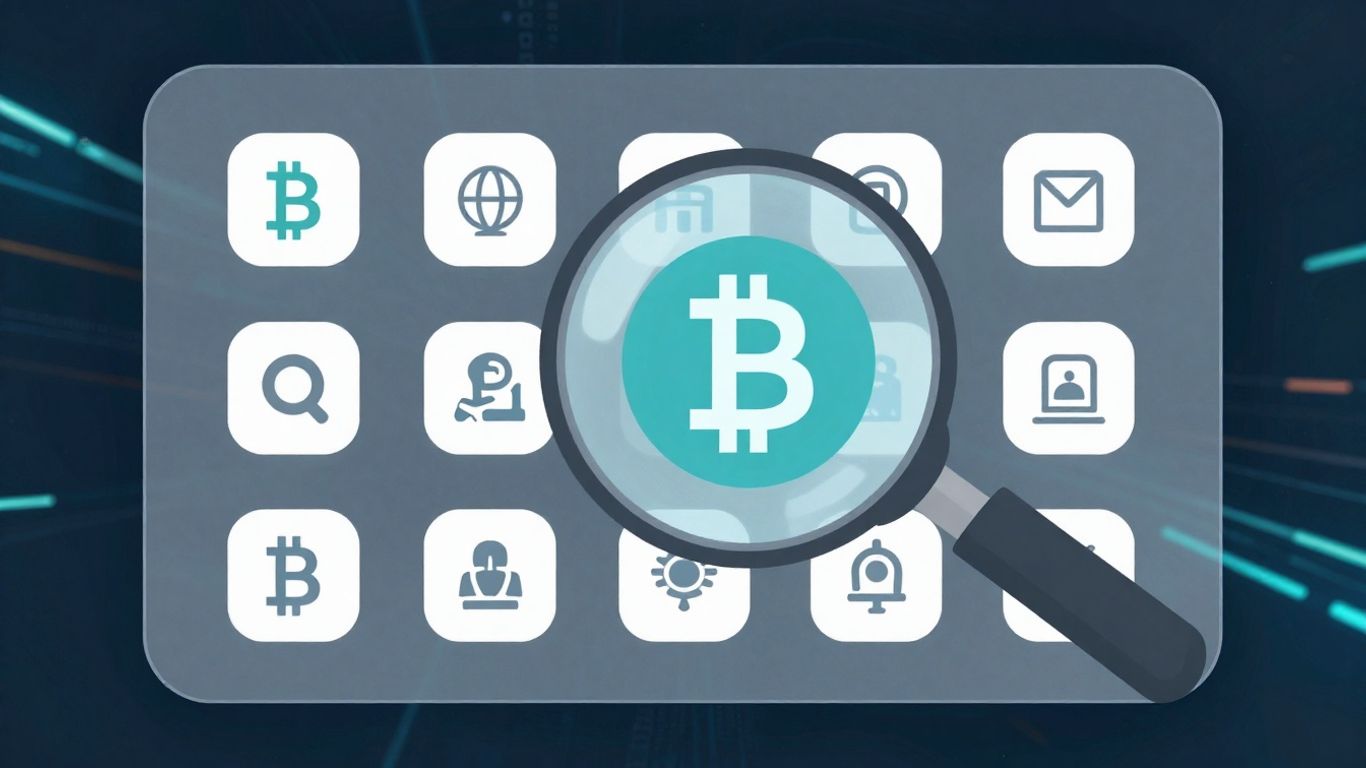 Crypto wallet icons with a magnifying glass searching.
