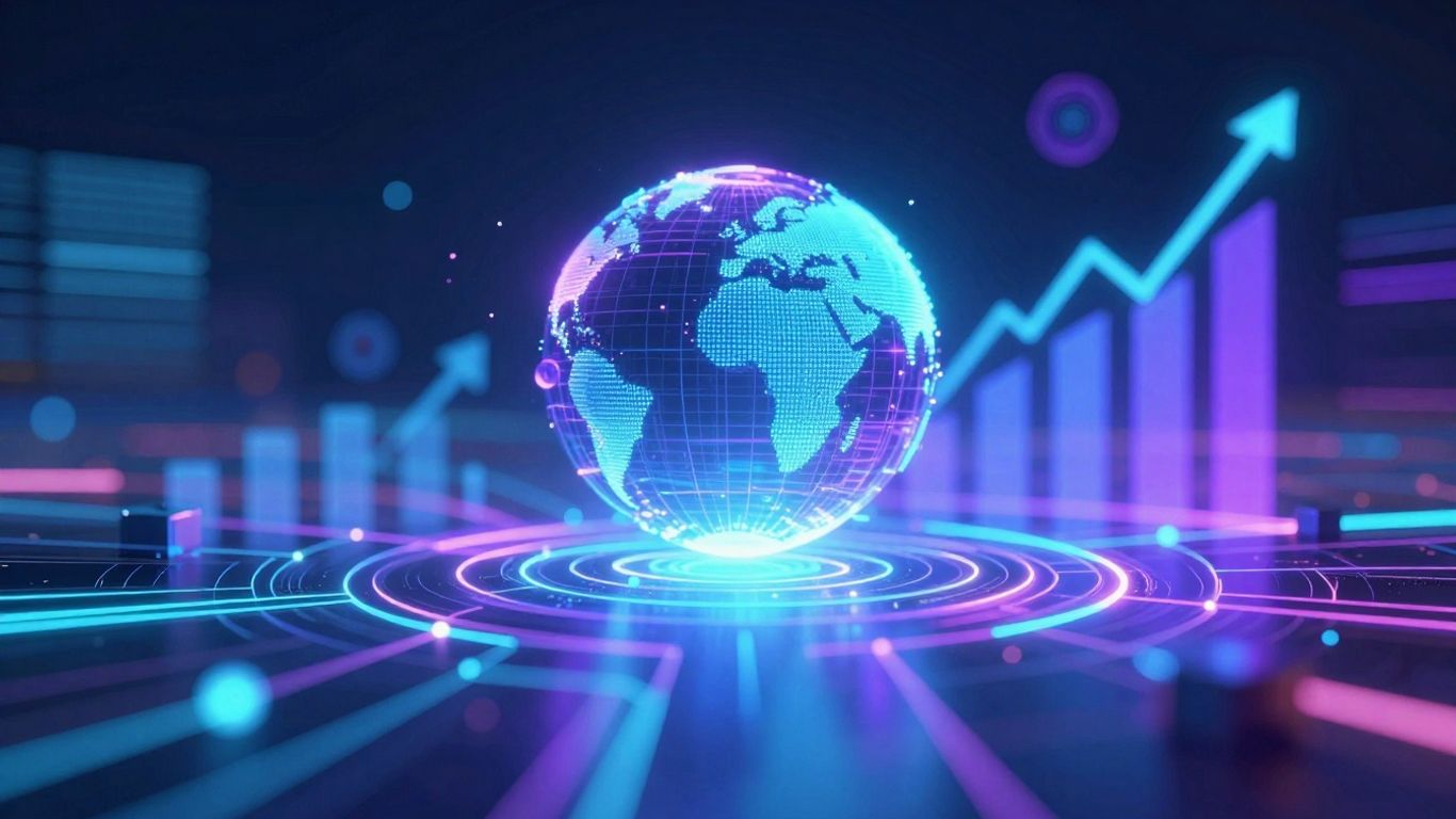 Digital landscape with interconnected nodes and glowing pathways.