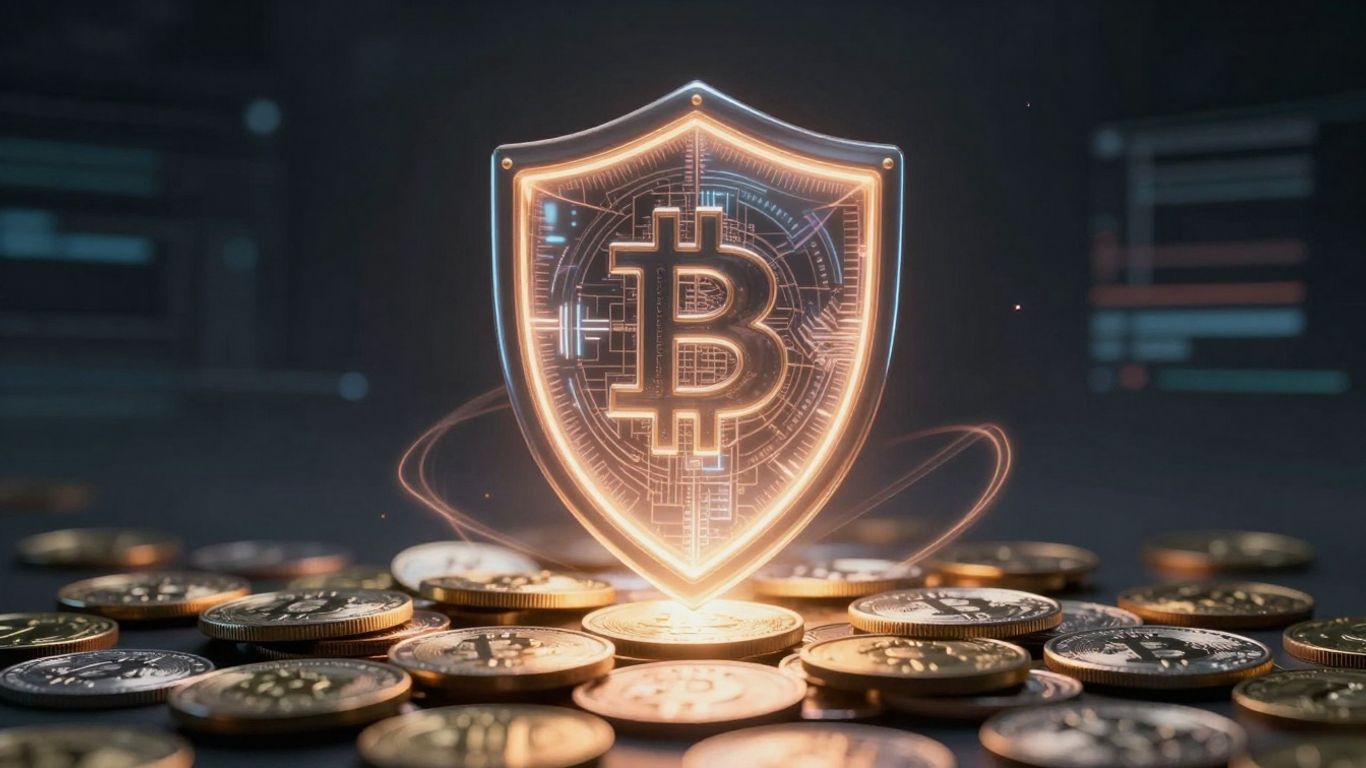 Digital shield protecting cryptocurrency coins.