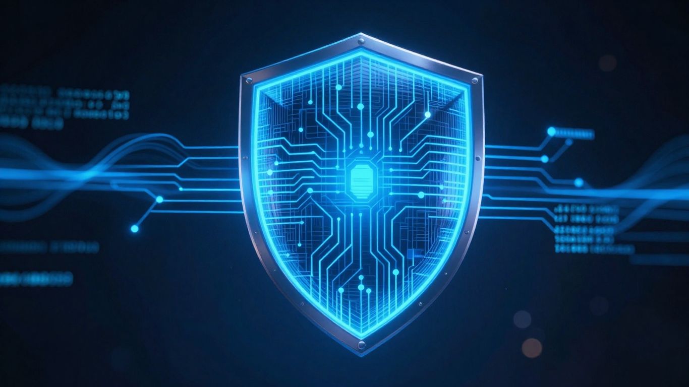 Digital shield with glowing circuitry and code.