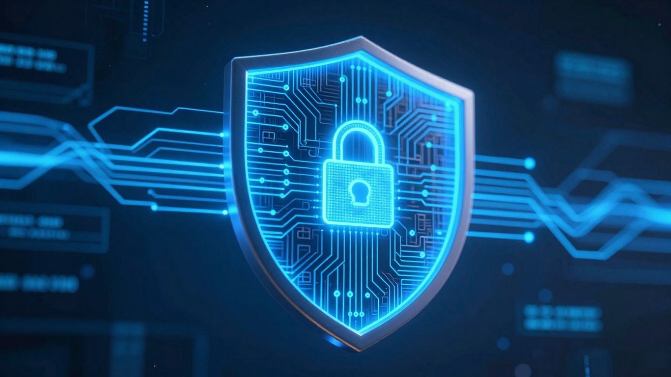 Digital shield with glowing circuitry and data streams.