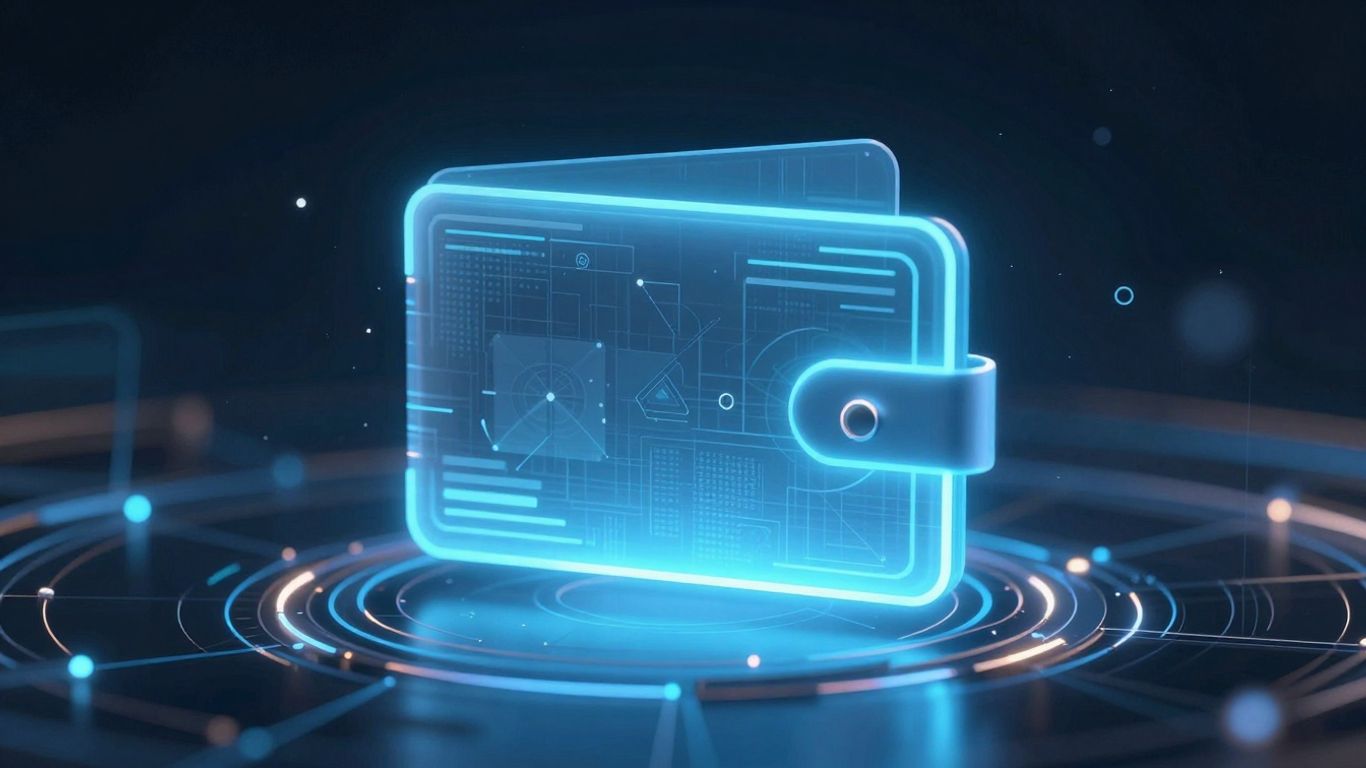 Futuristic digital wallet securing decentralized assets.