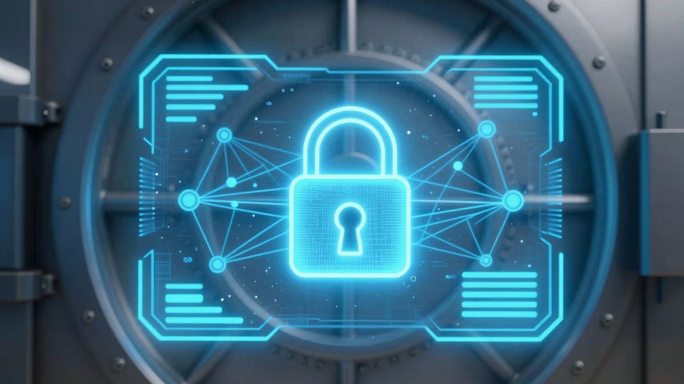 Futuristic digital wallet with secure padlock and network connections.