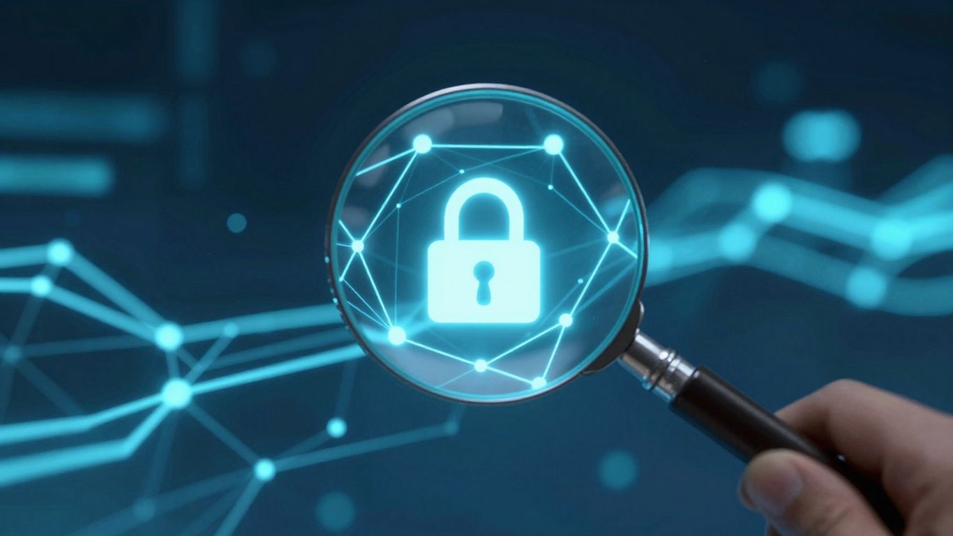 Magnifying glass over blockchain network