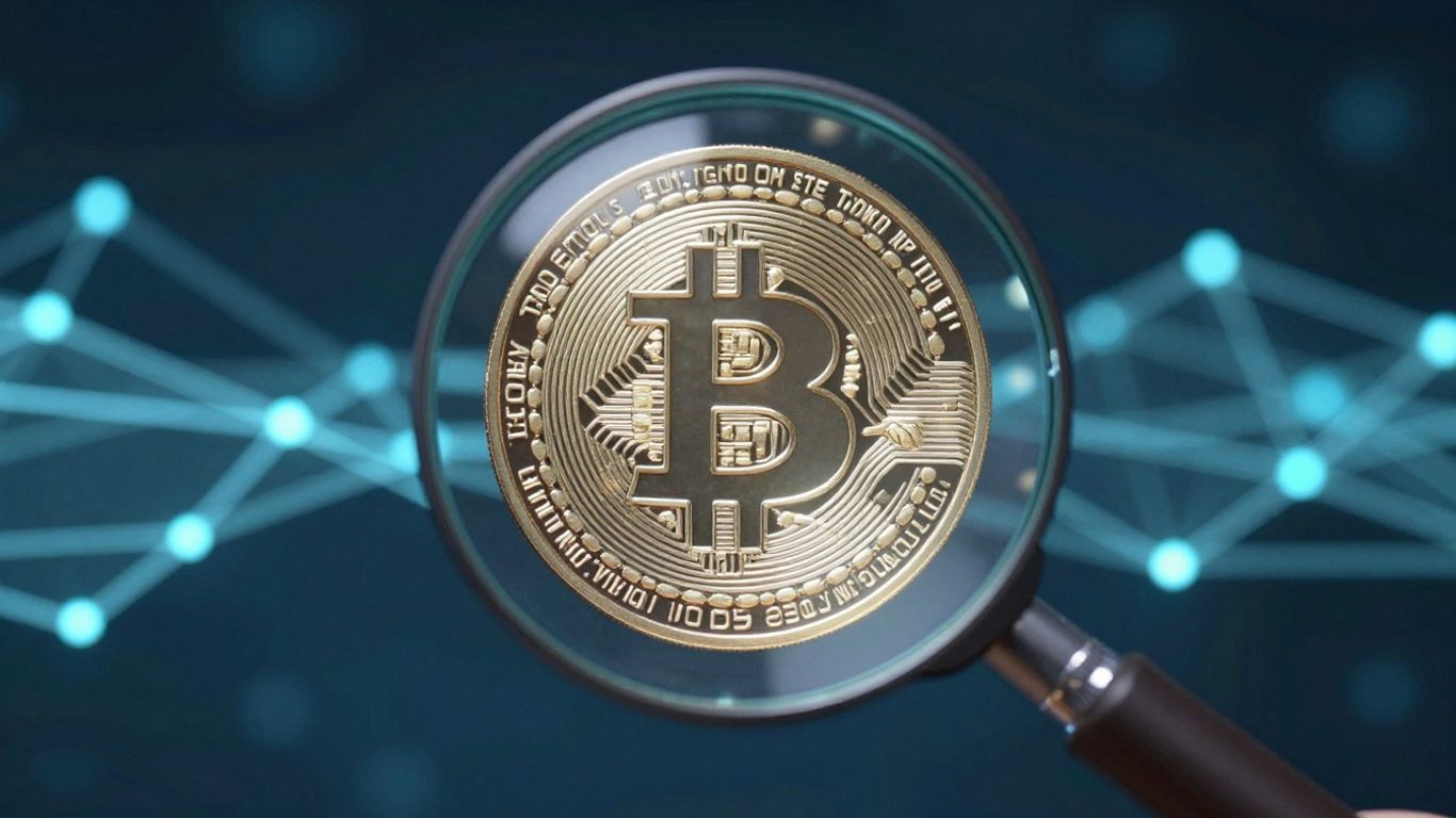 Magnifying glass over crypto coin with network connections.