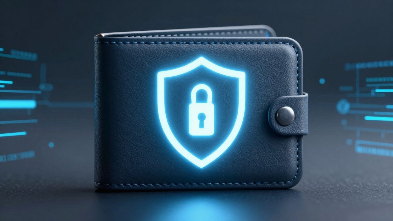 Digital wallet with a security shield and data streams.