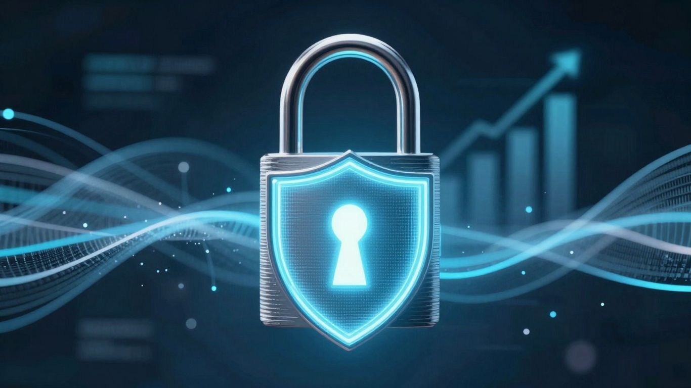 Digital lock with shield and data streams.