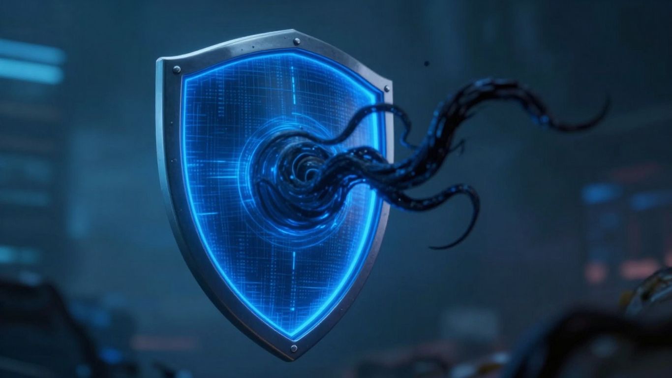 Digital shield protecting against shadowy cyber threat.
