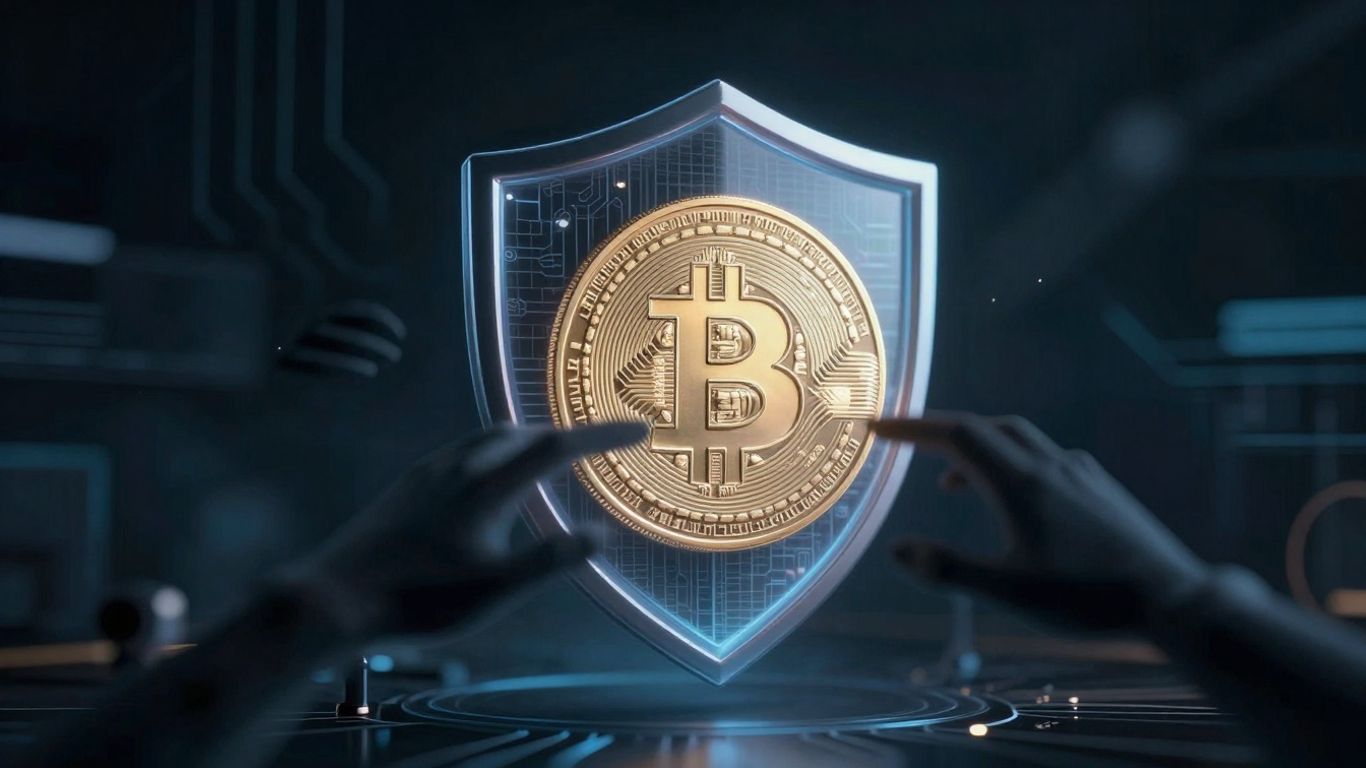 Digital shield protecting a cryptocurrency coin from threats.