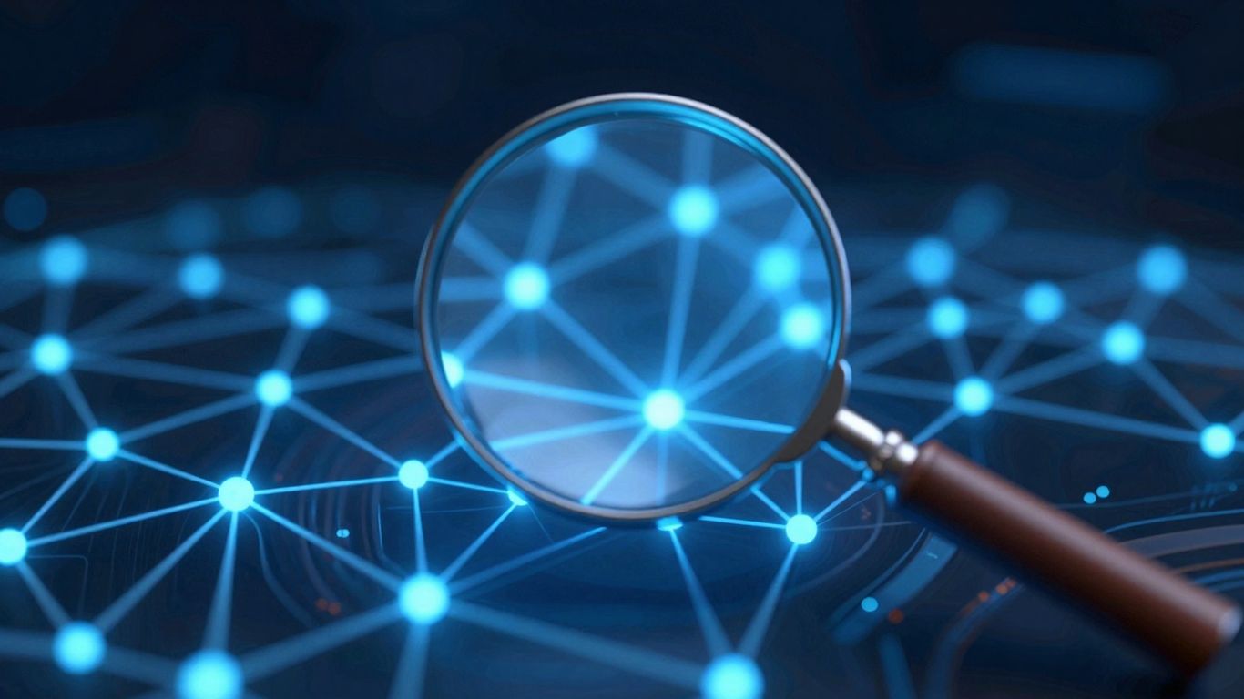 Digital magnifying glass scanning a glowing network of nodes.